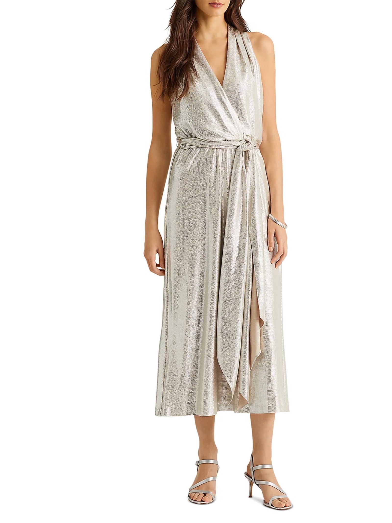 Ralph Lauren Cream Gold Cocktail Dress Metallic Halter Sleeveless Wrap Size 10